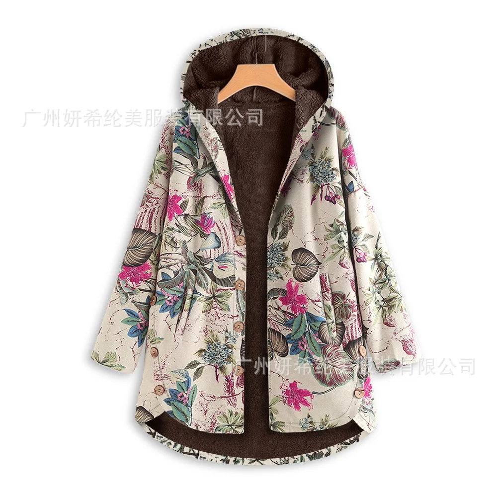 

Autumn And Winter New Style Warm Hemp Cotton Hooded Single-Breasted Mid-length Printing plus Velvet Thick Cotton