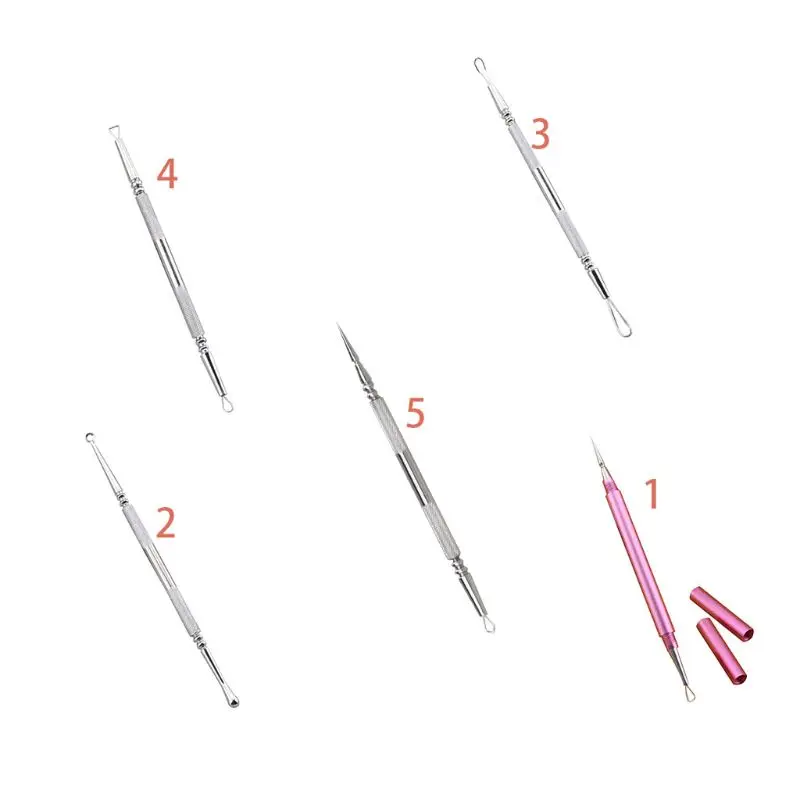 5 Types 2 In 1 Stainless Steel Blackhead Remover Makeup Tool Aluminum Tube Acne Needle Tip Looped Double-End Pimple Extractor | Красота и