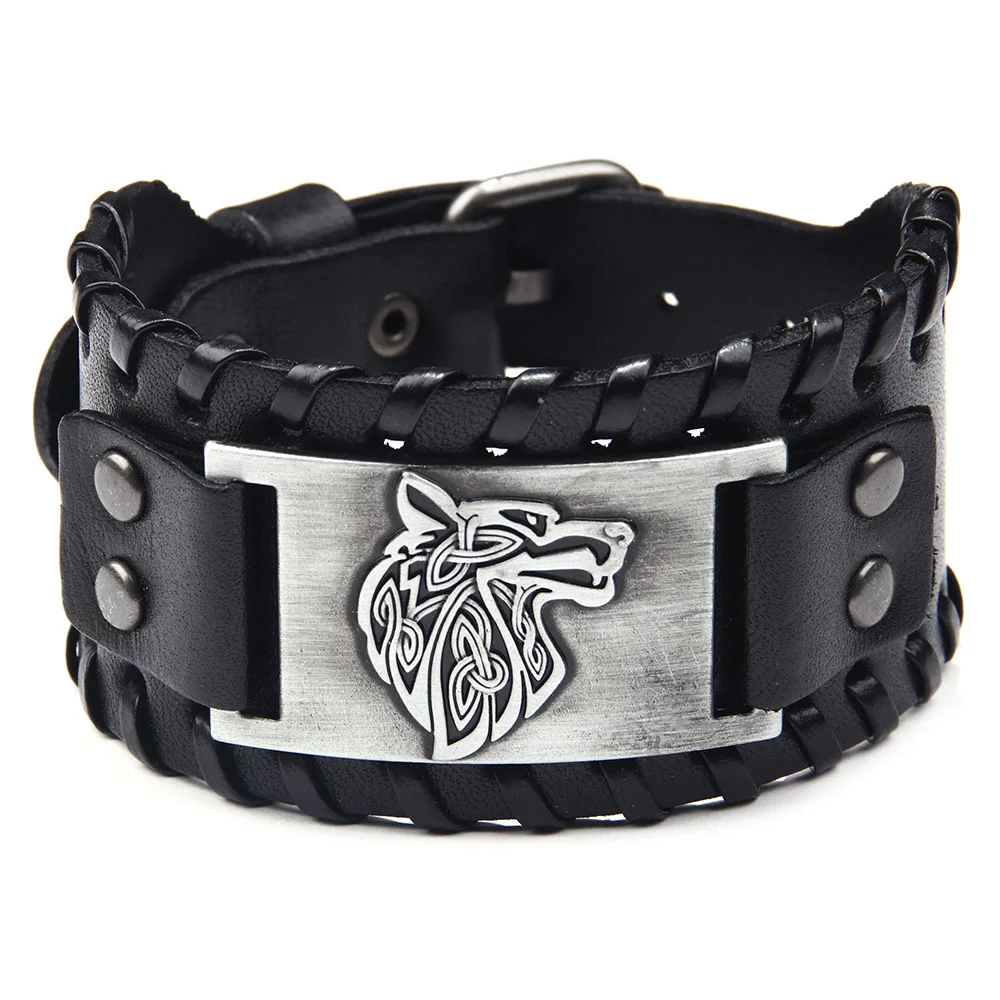 Punk hombres ancho brazalete vikingo encanto de diseño pulsera con cabeza de Lobo cuero tejido ajustable pulsera de la joyería