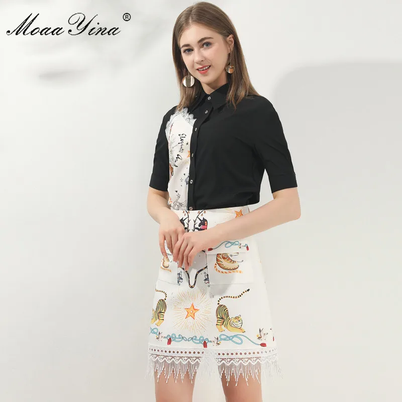 

MoaaYina Fashion Designer Set Spring Summer Women Short sleeve Lace Cartoon Print Shirt Tops+Tassel Skirt Two-piece set