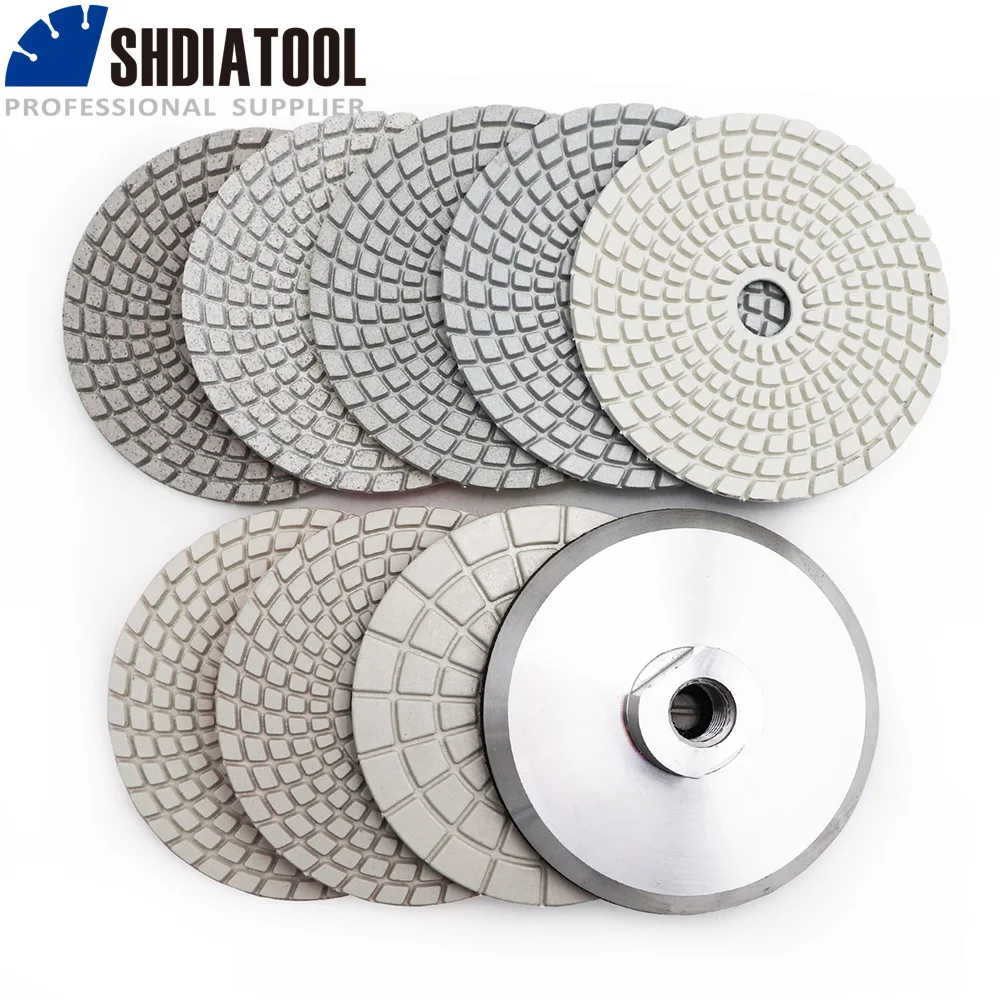 SHDIATOOL 8 pcs 4/100MM Diamond White Resin Bond Wet Flexible Polishing Pads With Backer Sanding Disc Marble Granite Polishing shdiatool 6pcs 4 diamond wet flexible polishing pads 50 100mm white resin bond sanding disc for granite stone marble