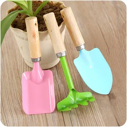 Herramientas de jardinería para el hogar, miniespátula de mango de madera, rastrillo, maceta de flores para niños, 3 uds.