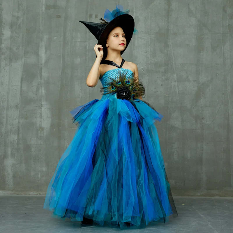 Elegant Peacock Feather Costume Girls Fluffy Layered Peacock Tutu Dress with Witch Hat Kids Pageant Party Ball Gowns Dresses (14)