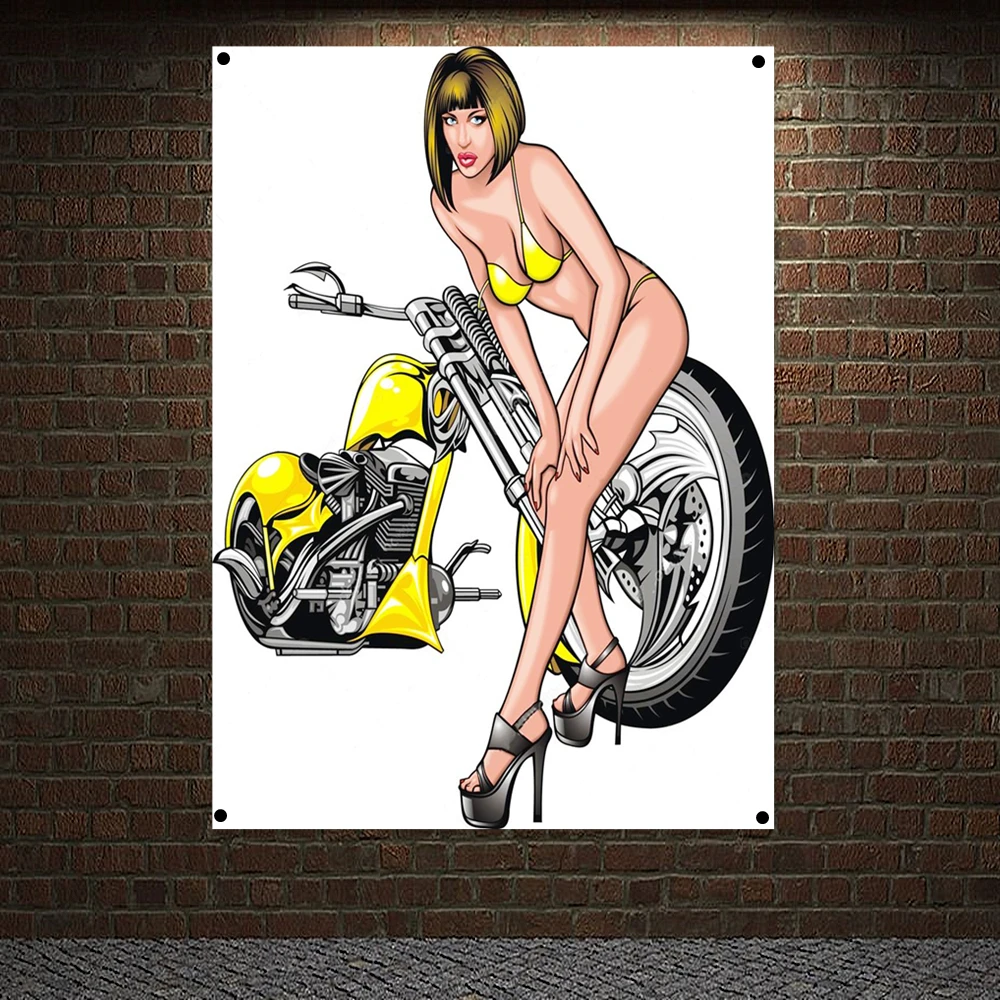 Nice Girls and Motorcycle on White Background Banner Flag Wall Art Racer Biker Moto Lady Nude Art Posters Painting Wall Decor C3 easy riheavy motorcycle banner flag wall hanging american locomotive poster wall art canvas painting repair shop interior decor