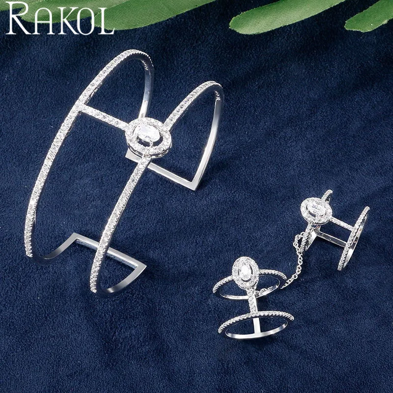 

RAKOLEurope and America Simple Inlaid Cubic Zircon Bracelet Ring Jewelry Woman Suit Engagement Bride Dress Accessories RS03049