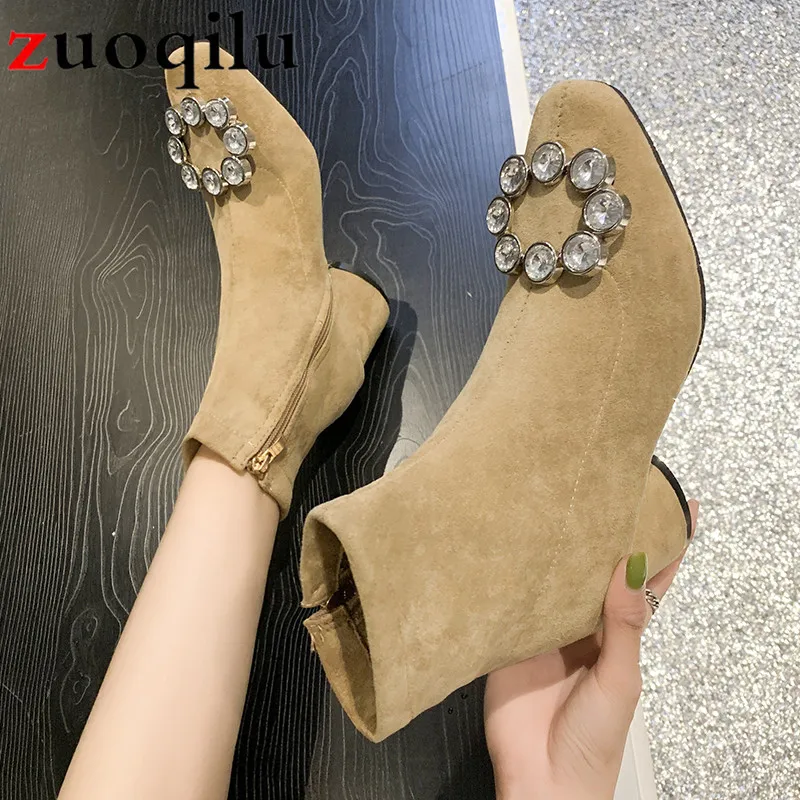 2019 женские ботинки со стразами на молнии высоком каблуке модные из искусственной
