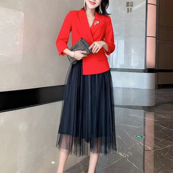 

HIGH QUALITY New 2020 Designer Runway Suit Set Women's Elegant 3/4 Sleeve Pearl Pin Irregular Blazer and Black Mesh Skirt Set
