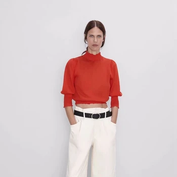 

PUWD 2019 Round Neck Five-Sleeve Knitted Short Knitted Sweaters lace blouse shirt tops