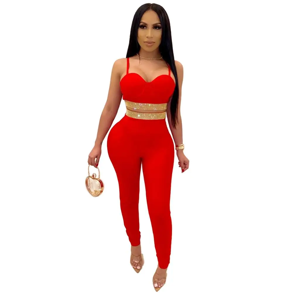 

2 Piece Set Women Outfits Sexy Crop Top And Pants Elegant Diamond Female Tracksuit Evening Party Matching Sets Plus Size