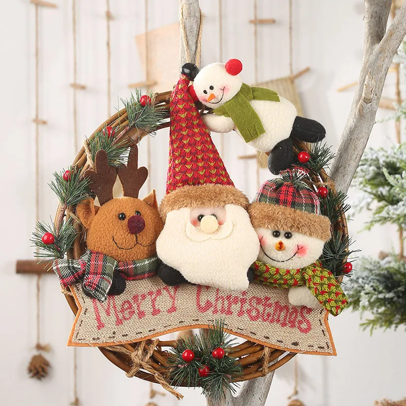 

Rattan + Flannel Christmas Rattan Wreaths Pendant Deer Old Man Snowman Xmas Front Door Hanging