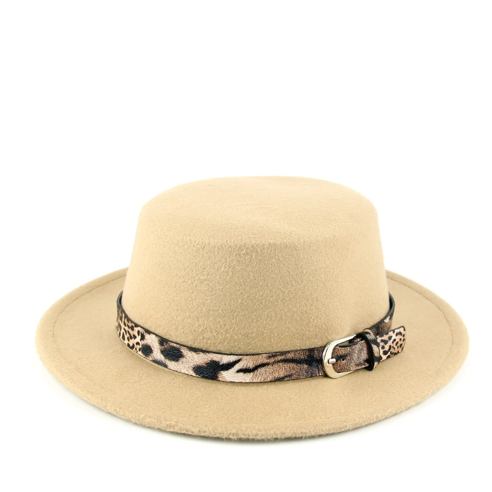 khaki Женская Фетровая Шляпа Fedora, зимние шапки с широкими полями, Осенние леопардовые полосатые модные церковные женские шляпы с имитацией шерсти, Мужские фетровые шляпы - Цвет: khaki