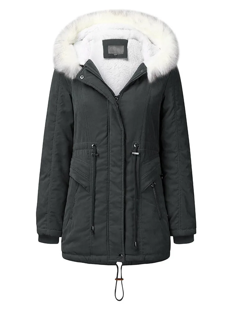 NXH Зимняя парка с капюшоном женская теплая толстая верхняя одежда Флокированная меховая подкладка пальто модное красное пальто - Цвет: Темно-серый