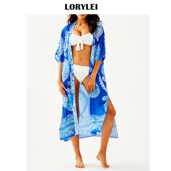 

2020 Blue Bohemian Printed Half Sleeve Long Cotton Women Tops Blouse Sexy Summer Beach Wear Kimono Cardigan Sarong plage Q837
