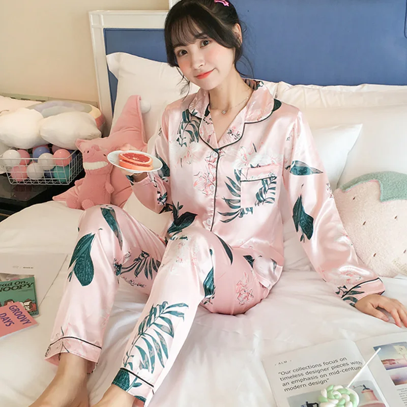 Осенний пижамный комплект из искусственного шелка, кардиган, пижама с длинными рукавами, Женская домашняя одежда для отдыха, пижамы для женщин, 2 штуки, милая одежда для сна
