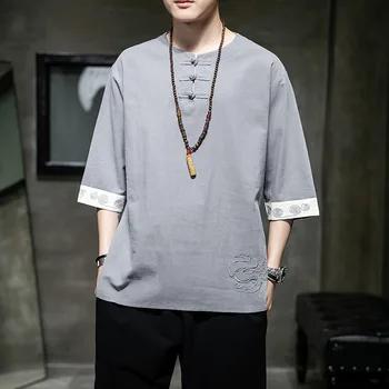 

#0317 Grey Beige Short Sleeve Cotton Linen T Shirt Men Half Sleeve Chinese Style O Neck Embroidery Linen T-shirt Men Plus Size