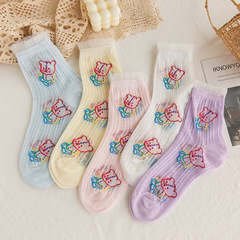 Lace-edged bear colorful women socks Summer ultra-thin mesh socks kawaii beautiful princess style