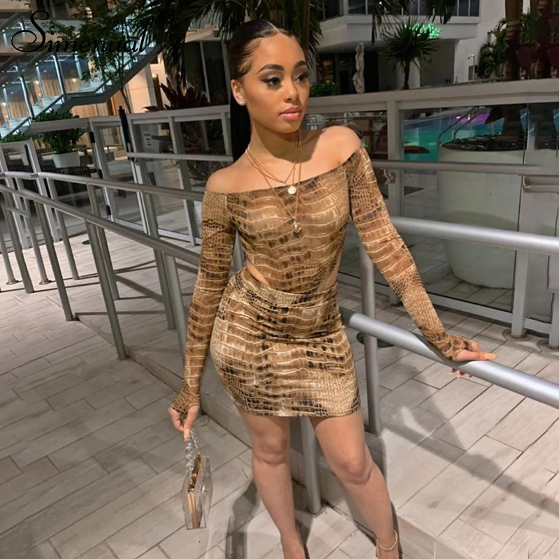 Women Two Piece Outfits Off Shoulder Bodysuit And Skirt Snake Print OG0685