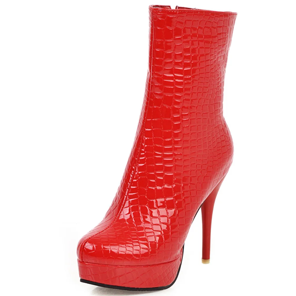 RIBETRINI/ботильоны на платформе женские пикантные ботинки на высоком тонком каблуке со змеиным принтом женская вечерняя обувь женская обувь, большие размеры 32-48 - Цвет: Красный