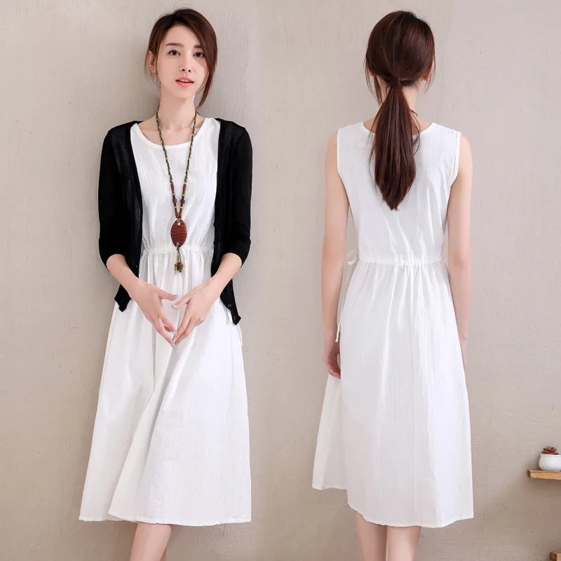 

2018 Spring Summer New Style Mid-length Vest Cotton Linen Dress Women's High-waisted Slimming Flax Two-Piece Set Skirt