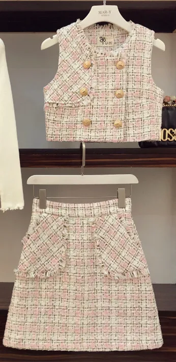 2 piece set Осенне-зимний милый комплект одежды для девочек, костюм с юбкой Женская клетчатая Золотая кнопка твидовый жилет Топ+ шорты с завышенной талией и карманами комплект с мини-юбкой - Цвет: 2 piece set