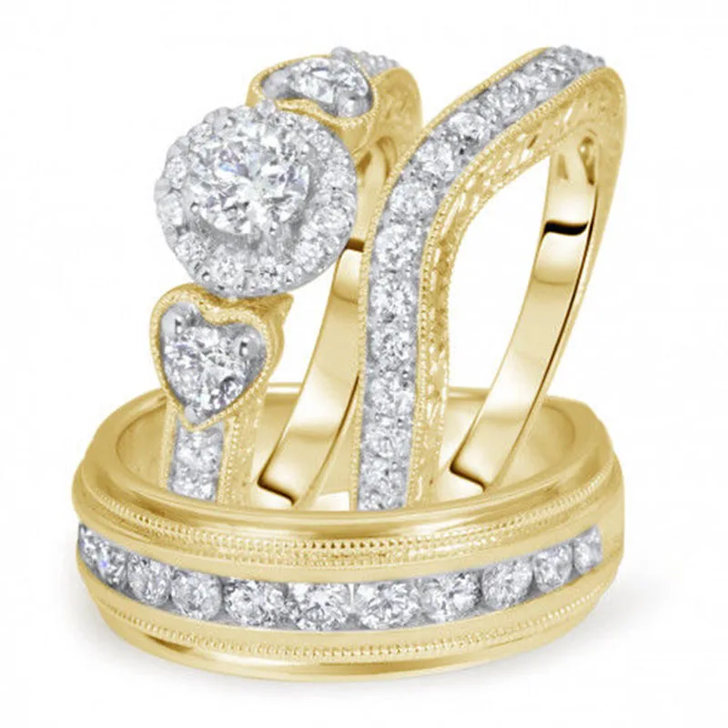 Gorgeous Yellow Gold Filled Rhinestone CZ Wedding Rings Luxury Love Heart Shaped Couple Rings Charm Jewelry 3 Pcs/Set Z5M398
