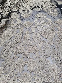

High quality golden fine thread embroidery beads colored rhinestones African lace fabric French mesh tulle, dress design fabric