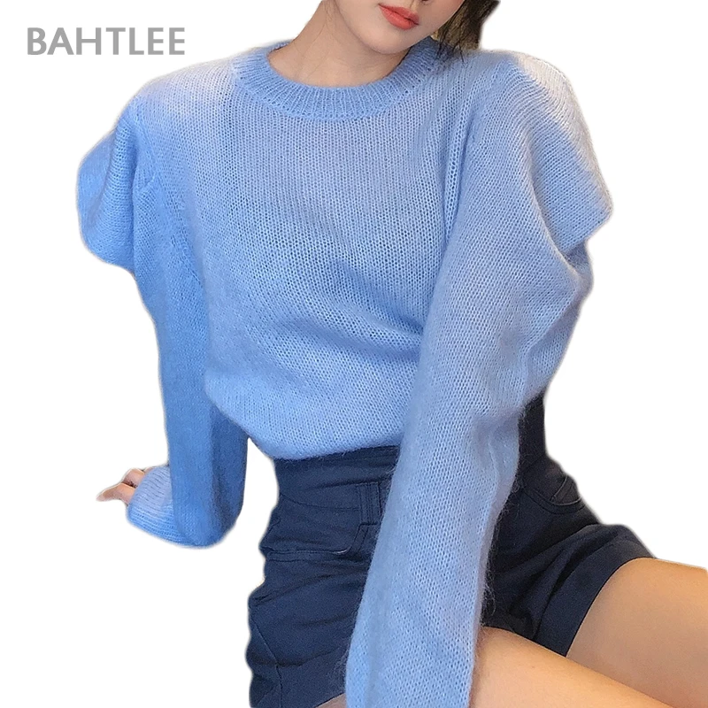 BAHTLEE Women Mohair Short Pullover O-Neck Sweater