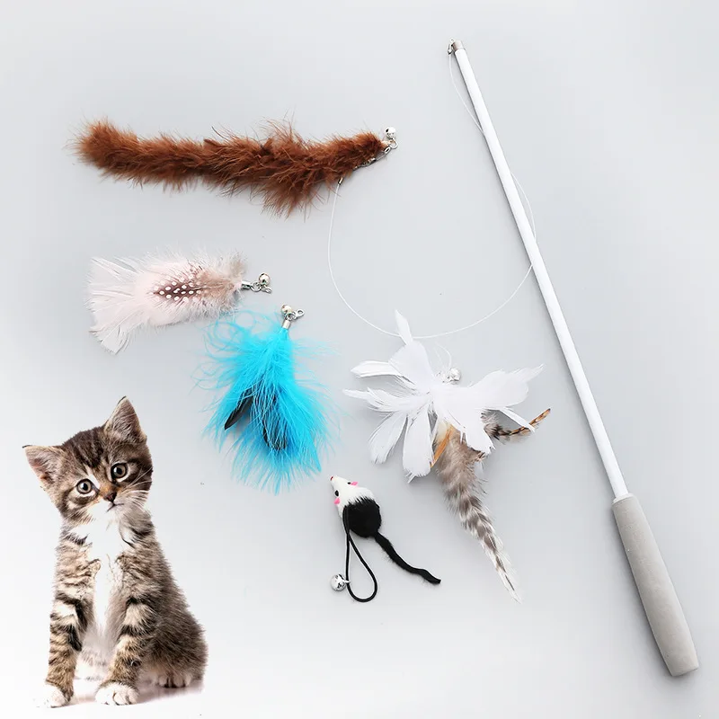 6PC Replacement Cat Feather Toy Stick With Bell Teaser Wand Pet Kitten Interactive Retractable Fishing Road | Дом и сад