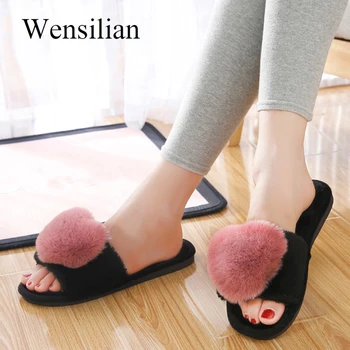 

Fluffy Slippers Women Love Heart Fur Slides Women Flip Flops Winter Home Shoes Cotton Fabric Slippers for women Chanclas Mujer