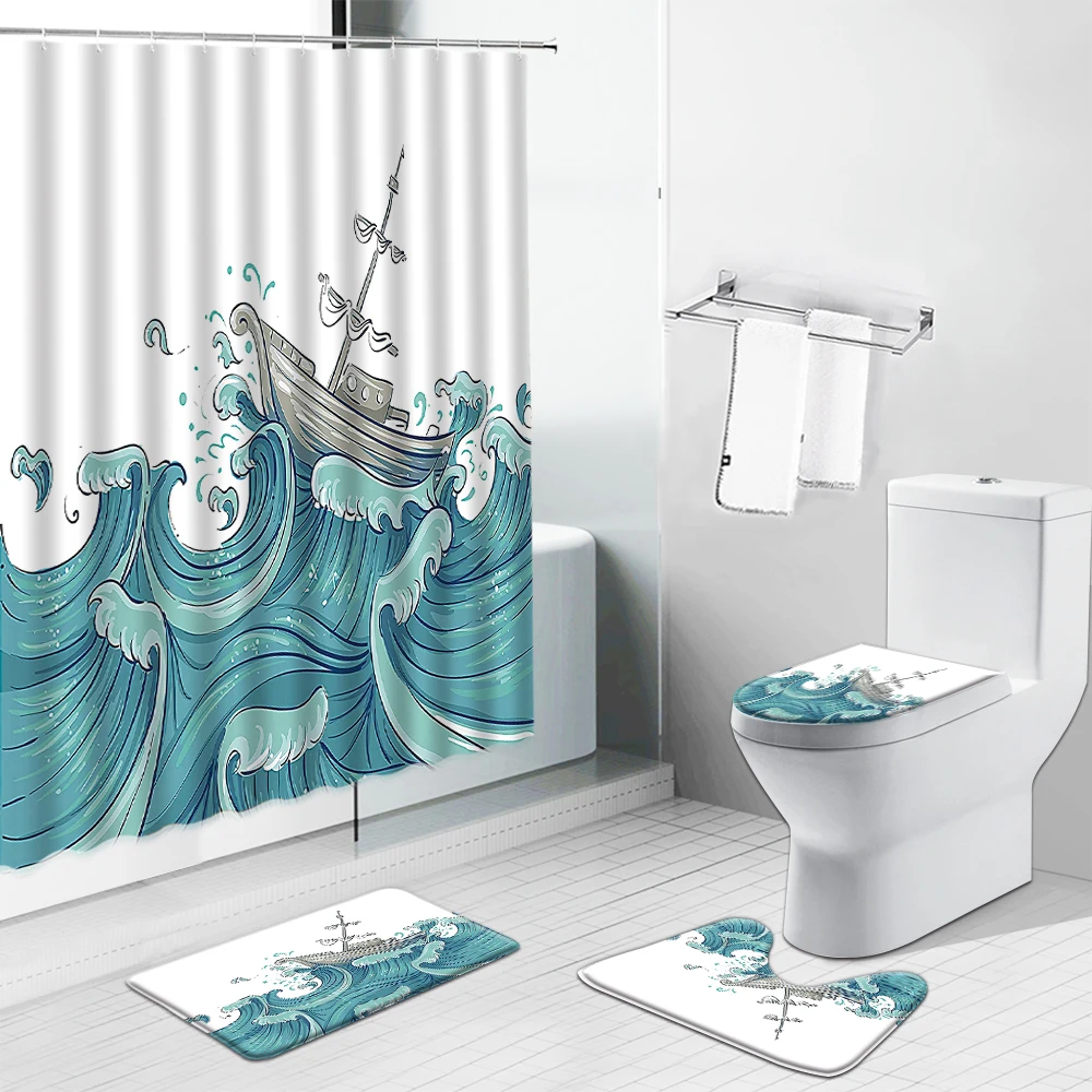 

Cartoon Sea Waves Sailboat Navigation Shower Curtains Set Ocean Scenery Lighthouse Non-Slip Toilet Cover Bath Mat Bathroom Decor