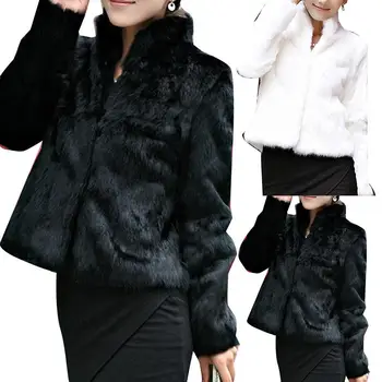 

Casual Women Winter Solid Color Faux Fur Stand Collar Cardigan Slim Short Coat Lady's solid color and plush coat
