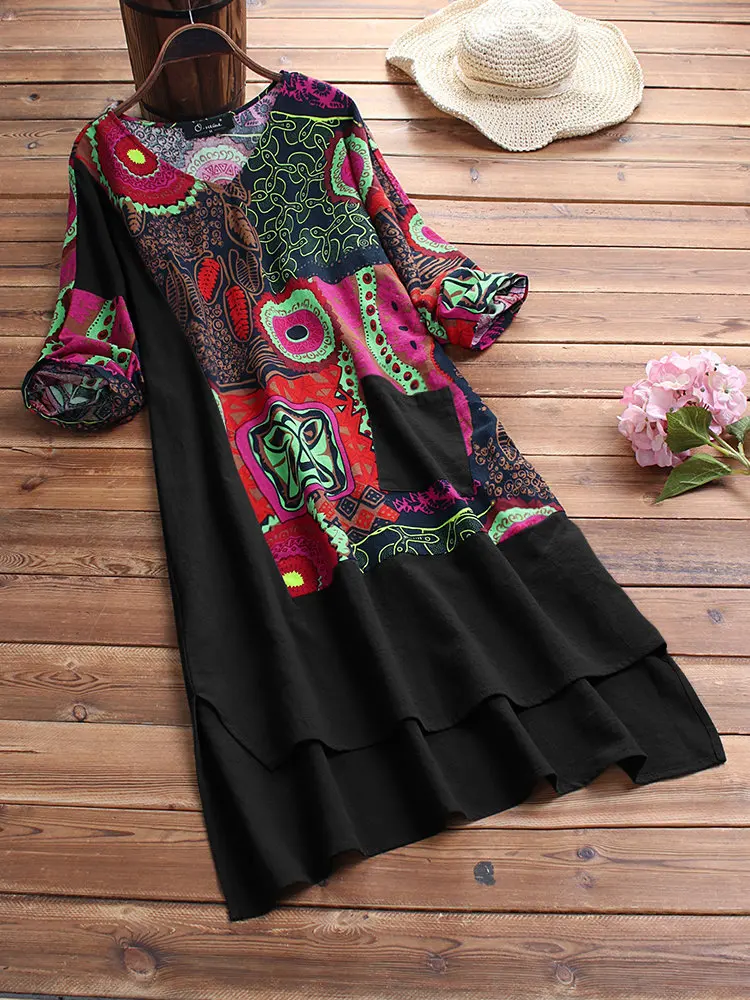 5XL Новое Женское платье из хлопка и льна, летнее ретро платье с неровной строчкой и принтом, женское платье с коротким рукавом размера плюс - Цвет: Черный