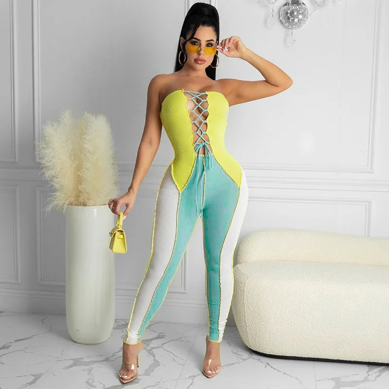 Fashion Color Contrast Women Jumpsuit 