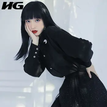 

HG Vintage Pearl Satin Black Shirt Minority Fashion Button Design Womens Tops and Blouses Trend Black Women Clothes 2020 XJ3863