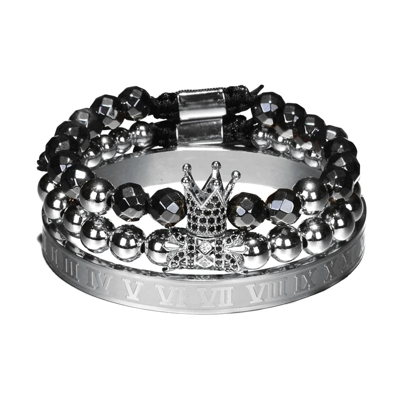 Silver set Роскошные ювелирные изделия 3 шт./компл. Для мужчин корона ювелирные издели гематитовые бусины плетение Браслеты для Для женщин в едином положении во время занятий легкой атлетикой Masculina Feminina - Окраска металла: Silver set