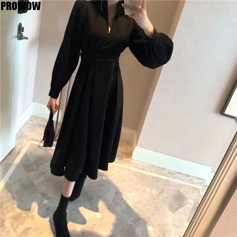 

2020 Spring Autumn Women V Neck Lantern Sleeve Casual Long Dresses Ladies Korean Elegant Plus Size Chic Slim Dresses Vestidos