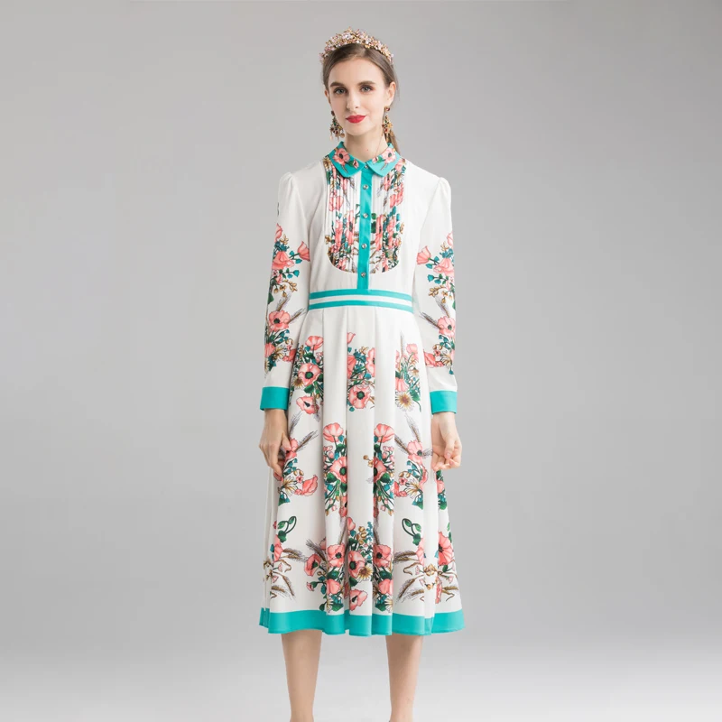 VERDEJULIAY Runway Office Ladies Midi Dress Spring Autumn New Fashion Full Sleeve Flower Print Sweet Elegant Pleated Dress