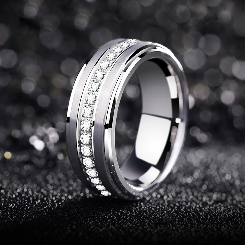 Newshe Mens Promise Wedding Band Tungsten Carbide Rings For Men Charm Ring 8mm Size 9-13 AAA White Round Zircon Jewelry TRX058