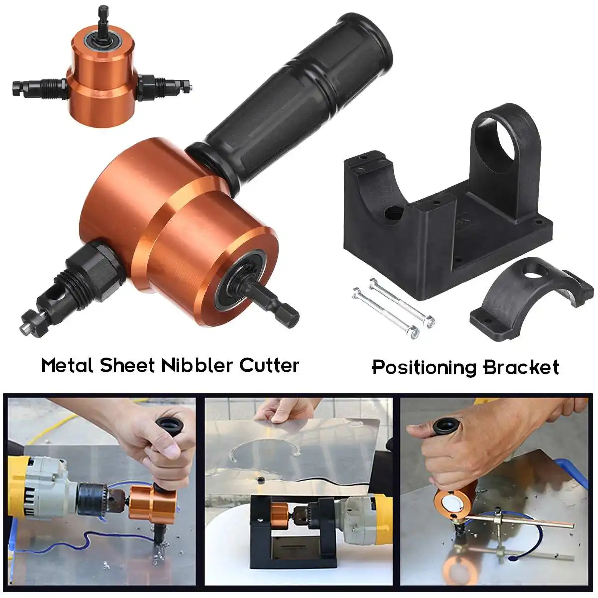 Sheet Metal Nibbler Double Headed Metal Cutter Saw Drill Attachment 360 Degree Adjustable Cutting Tool with Positioning Bracket