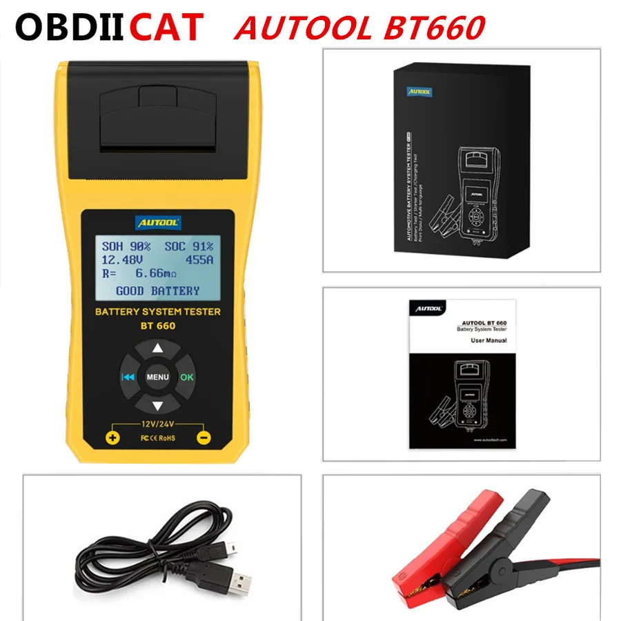 100% Оригинальный тестер системы аккумуляторов AUTOOL BT660 Встроенный термопринтер