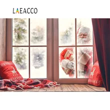 Laeacco веселые рождественские фестивали Санта Клаус зима снег окно подушка венок вечерние Детские Фото Фон фотографии фоны