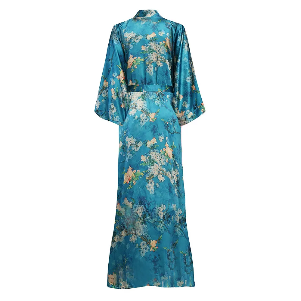 Атласное платье-Кимоно размера плюс, халат, одежда для сна, длинное женское ночное белье, повседневное нижнее белье с цветочным принтом, халат, домашняя одежда