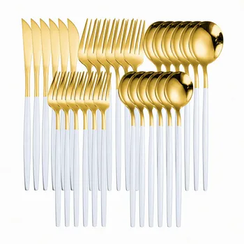 

Stainless Steel Tableware White Gold Cutlery Set Western Kitchen Home Spoon Fork Knife Kit Dinnerware Sets Tableware