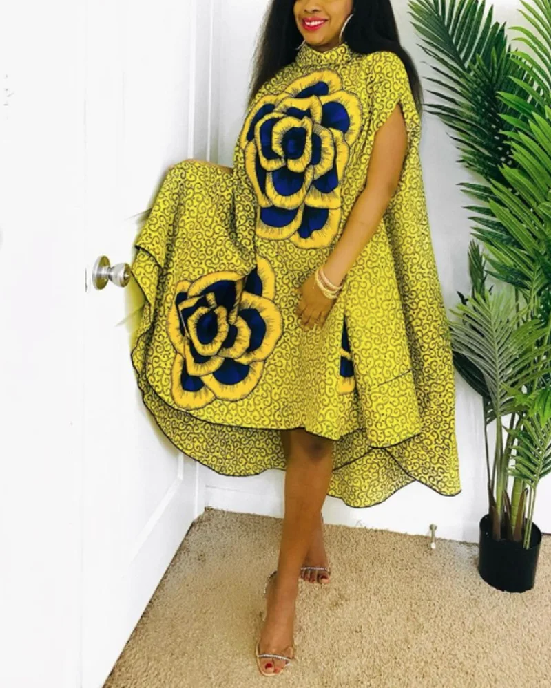 african attire African Large Dress African Clothing Dashiki New Fashion Women Stand Collar Loose Asymmetrical Dress 2021 Summer New Yellow 3XL Africa Clothing