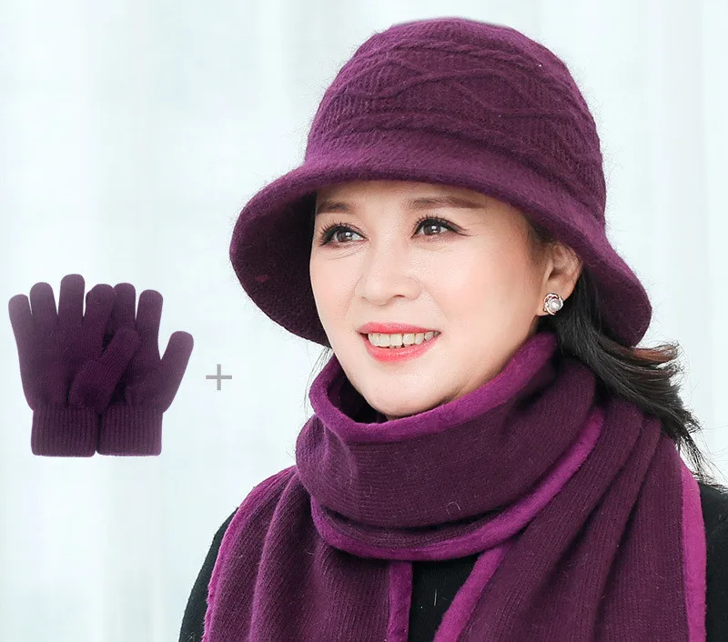 dark purple Новые зимние Для женщин из кроличьего меха, вязаная шапка(комплект) шерсть зимняя шапка шарф перчатки Комплект для женщин и девушек, толстый теплый плюш Кепки шарф Рождественский подарок для мамы - Цвет: dark purple
