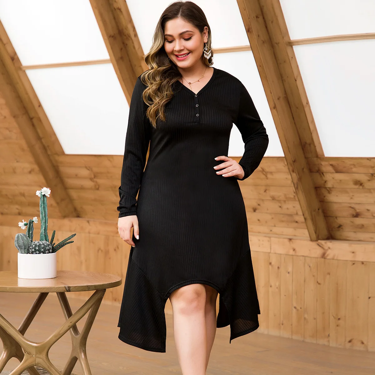 

Plus Size Black Prom Dresses V-Neck Full Sleeve Asymmetrical Button Knee-Length Striped Elegant Short Party Gowns Vestidos 2020