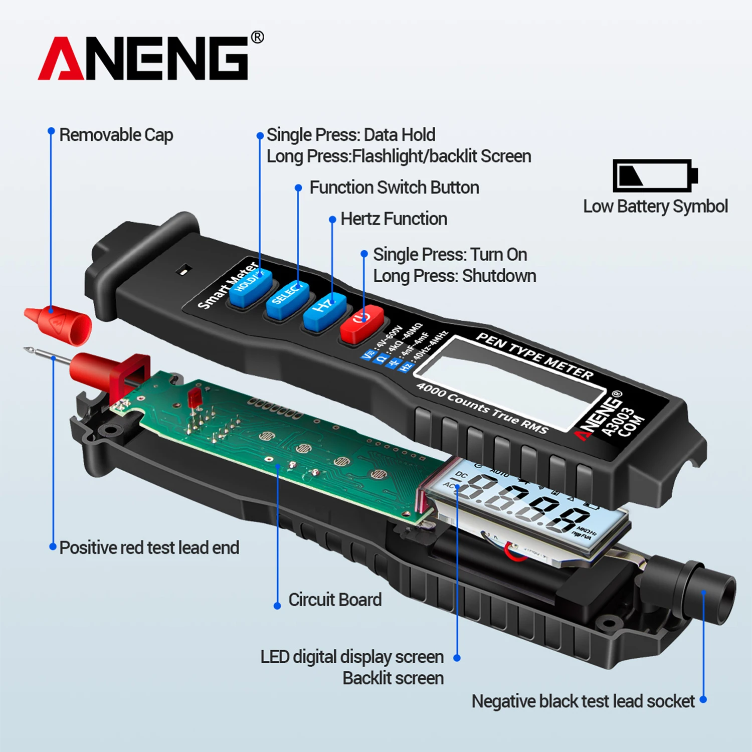 ANENG Digital Pen Multimeter 4000 Counts NCV AC/DC Voltmeter Ohmmeter Resistance Capacitance Test Handheld LCD Backlight Tester electric pen tester electric tester pen voltage tester voltage ammeter tester digital multimeter tester multifunction tester
