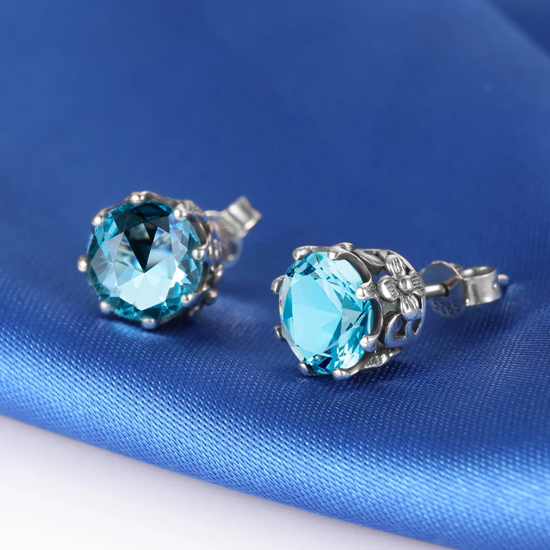 

Real 925 Silver Stud Earrings Aquamarine Geometric Creative Flower Pattern Earring Fashion OL Fine Jewelry For Women Girls Gifts