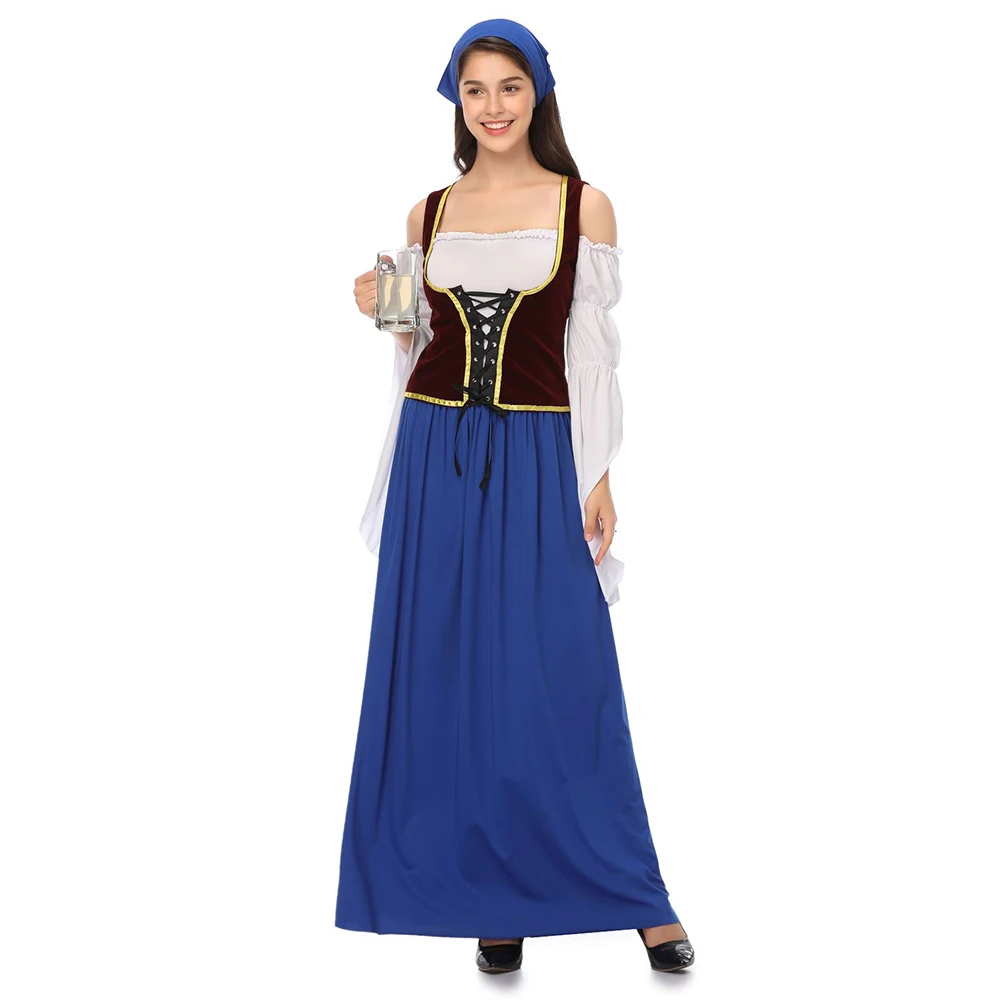 German Oktoberfest Costume Munich Beer Festival Long Blue Dress German