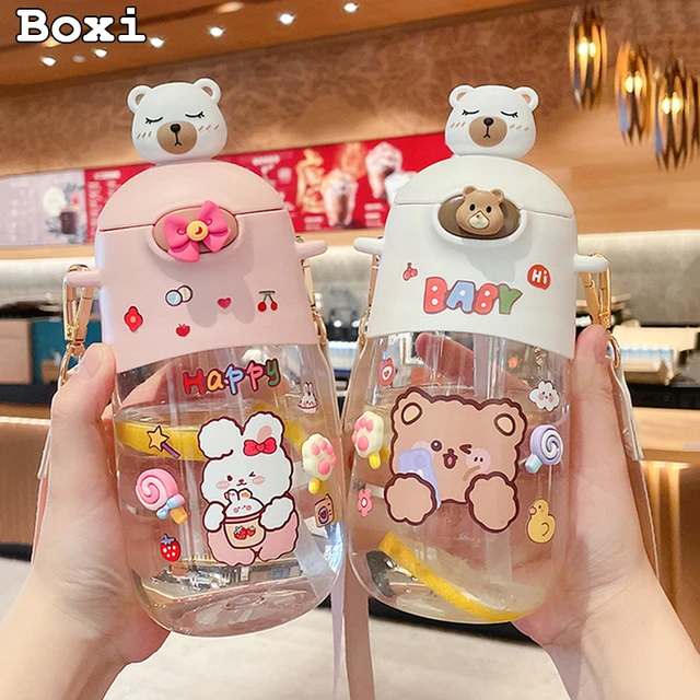 Kawaii Bear Straw Water Bottle With Shoulder Strap, Leak-proof